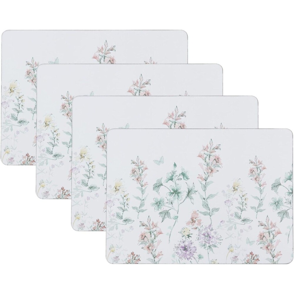 Set of 4 Hard Placemats w/Cork Back(12"x16") BUTTERFLIES & FLOWERS, Laura Ashley
